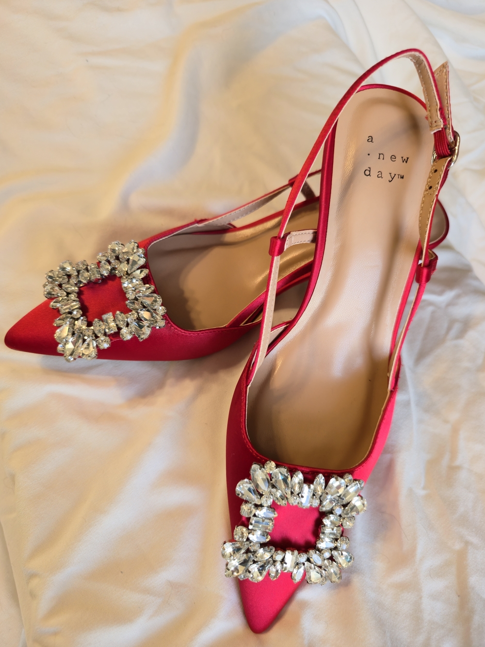 a new day Red Satin Pointed Slingback Heels with Crystal Buckle - Picture 7 of 8
